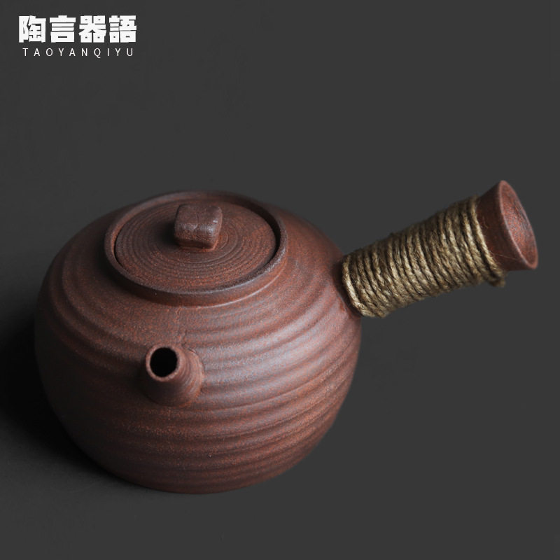 粗陶老岩泥太湖石侧把煮茶壶中式复古茶道围炉炭火电陶炉烧水单壶