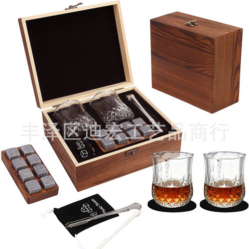 酒石冰块  威士忌冰酒石木盒套装 whisky stones威士忌玻璃杯套装