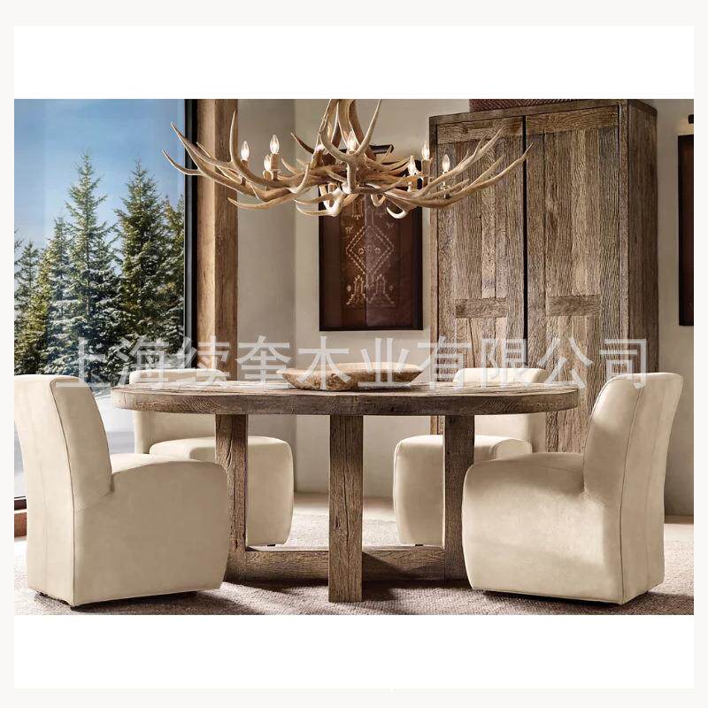 RH简约不锈钢圆形实木餐桌椅组合家用餐厅家具别墅亚马逊出口工厂