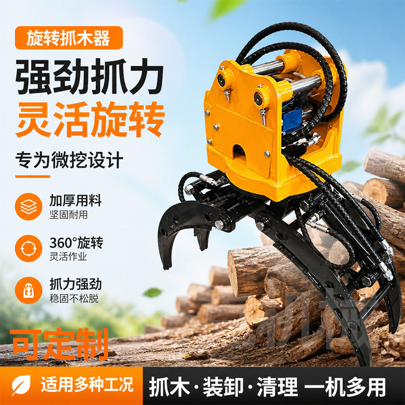 微型挖掘机旋转抓木机林场木料搬运抓夹多用途液压旋转抓头属具