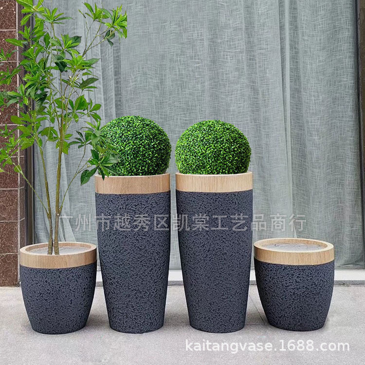 落地玻璃钢花瓶圆斗型木纹带黑石漆色花插样板房婚庆大厅景观摆设