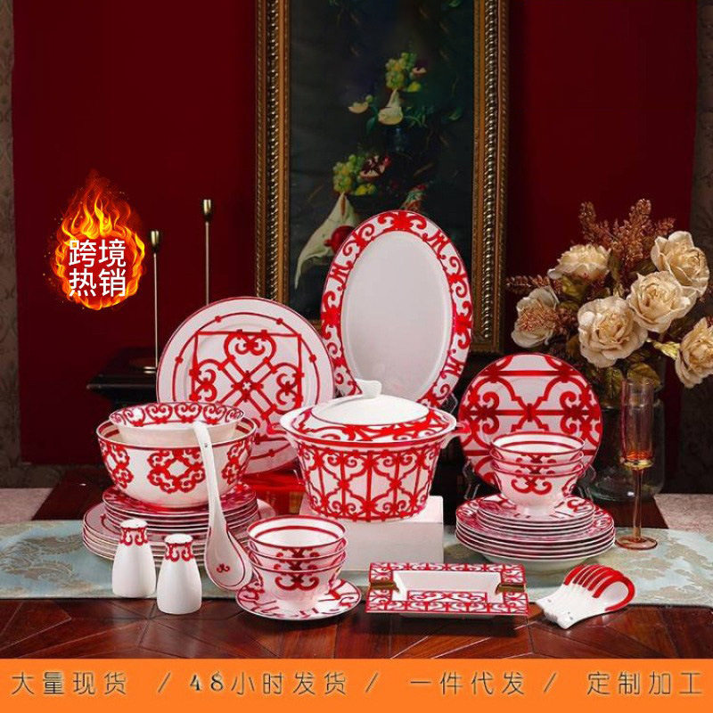 中国红58头骨瓷餐具套装喜庆