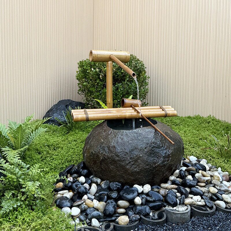 日式枯山水石钵石槽自然石盆花园小品庭院景观禅意竹子流水摆件
