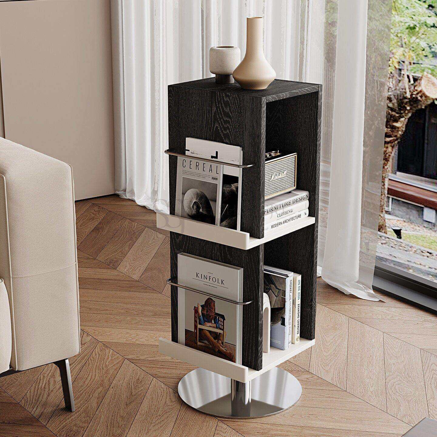 旋转书架矮款公室杂志架客厅落地置物架卧室复古实木黑色展示架