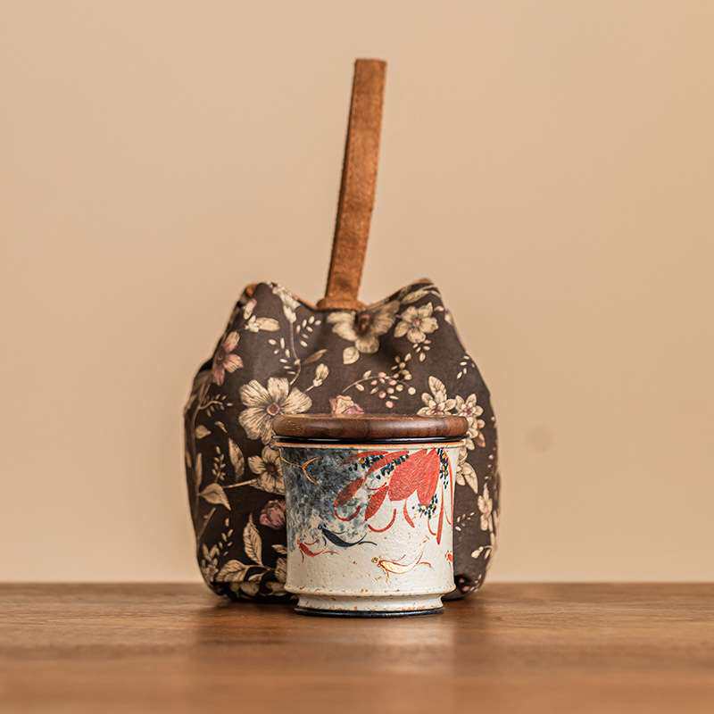 厂家青花火石红旅行茶具便携式描金手绘荷韵锦鲤快客杯茶杯一人饮