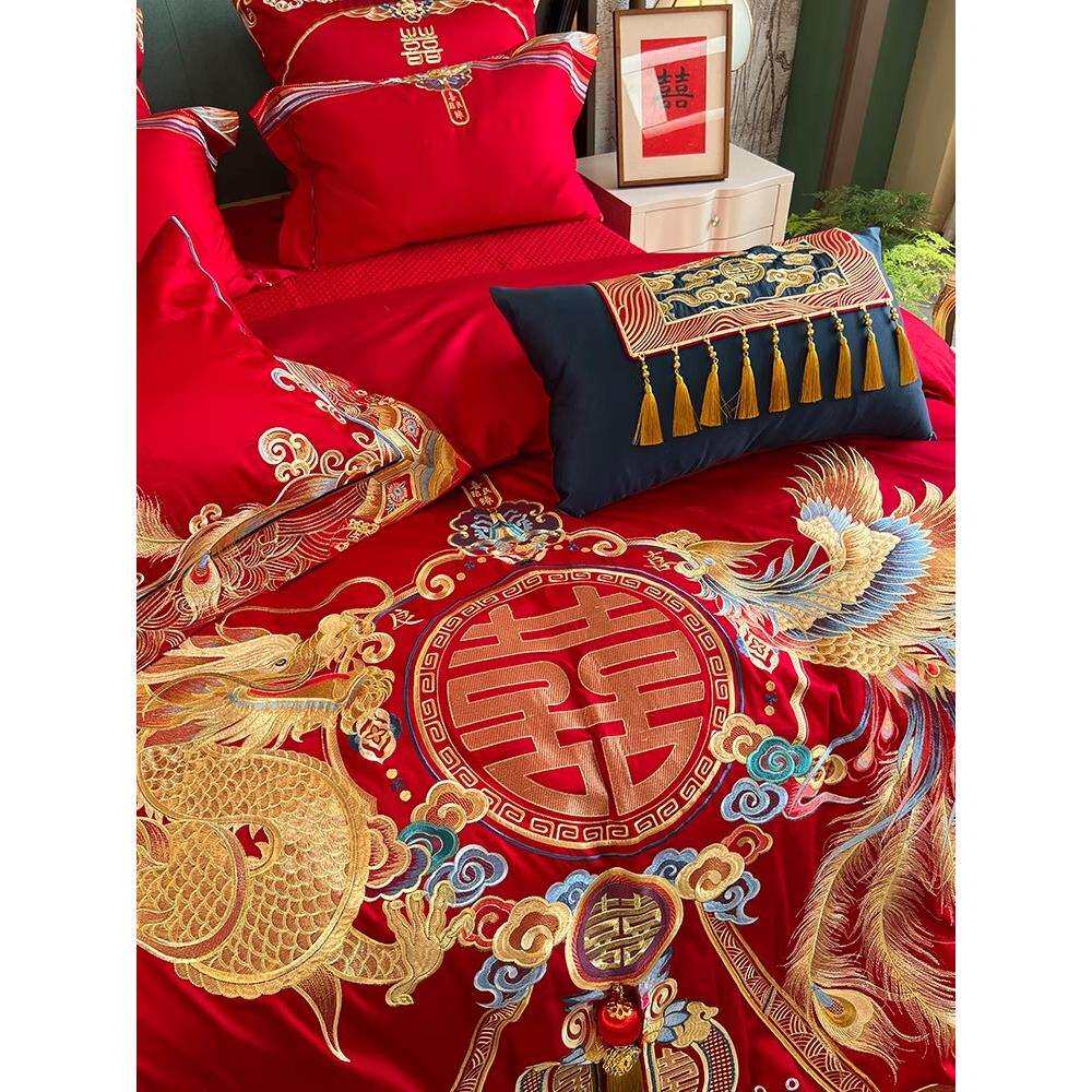 婚庆四件套全棉大红色纯棉新婚房百子龙凤喜被套刺绣结婚床上用品
