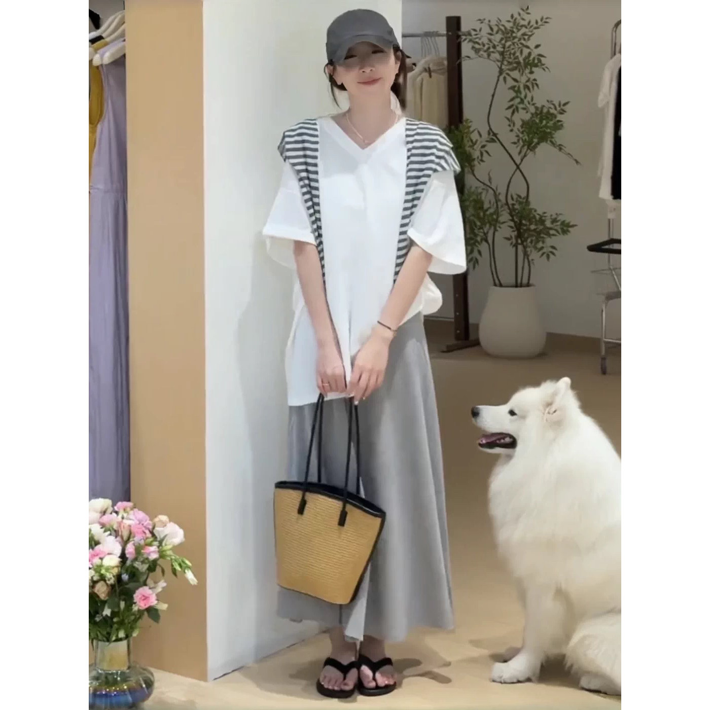 宽松短袖上衣+半身裙两件套套装(配披肩)(不含墨镜挂件)YS6-8927