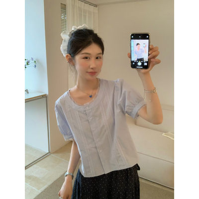夏上新韩系复古百搭甜美重工拼蕾丝圆领小衫XHC25663