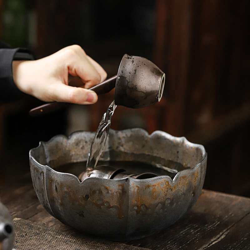 复古陶瓷茶洗茶室仿古做旧鎏金茶渣盆中式粗陶杯洗笔洗水洗废水缸