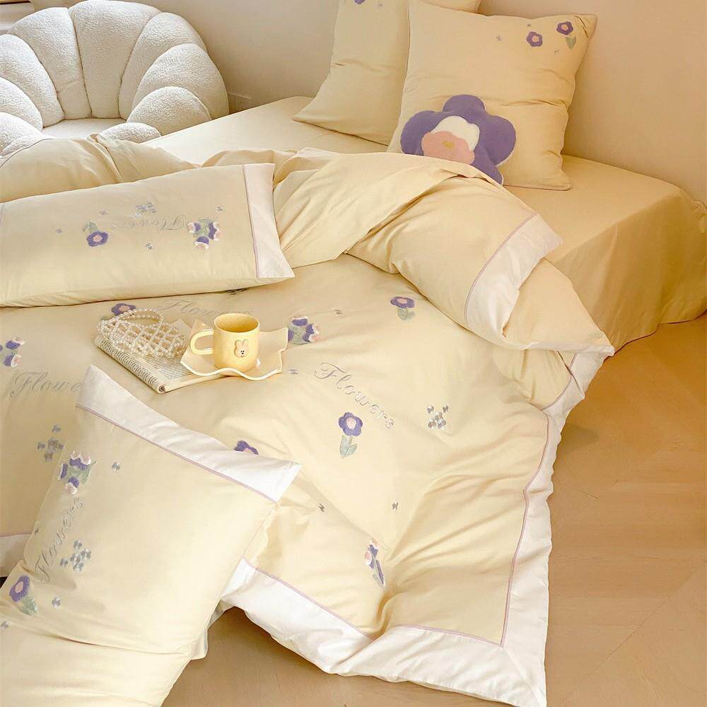 秋冬加厚全棉磨毛四件套甜美少女心紫色小花毛巾绣保暖被套床单
