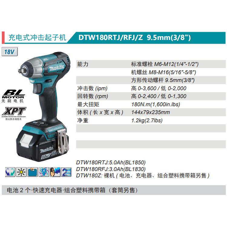 牧田Makita充电式电动扳手无刷电机DTW180RTJ/RFJ/Z小方头9.5mm