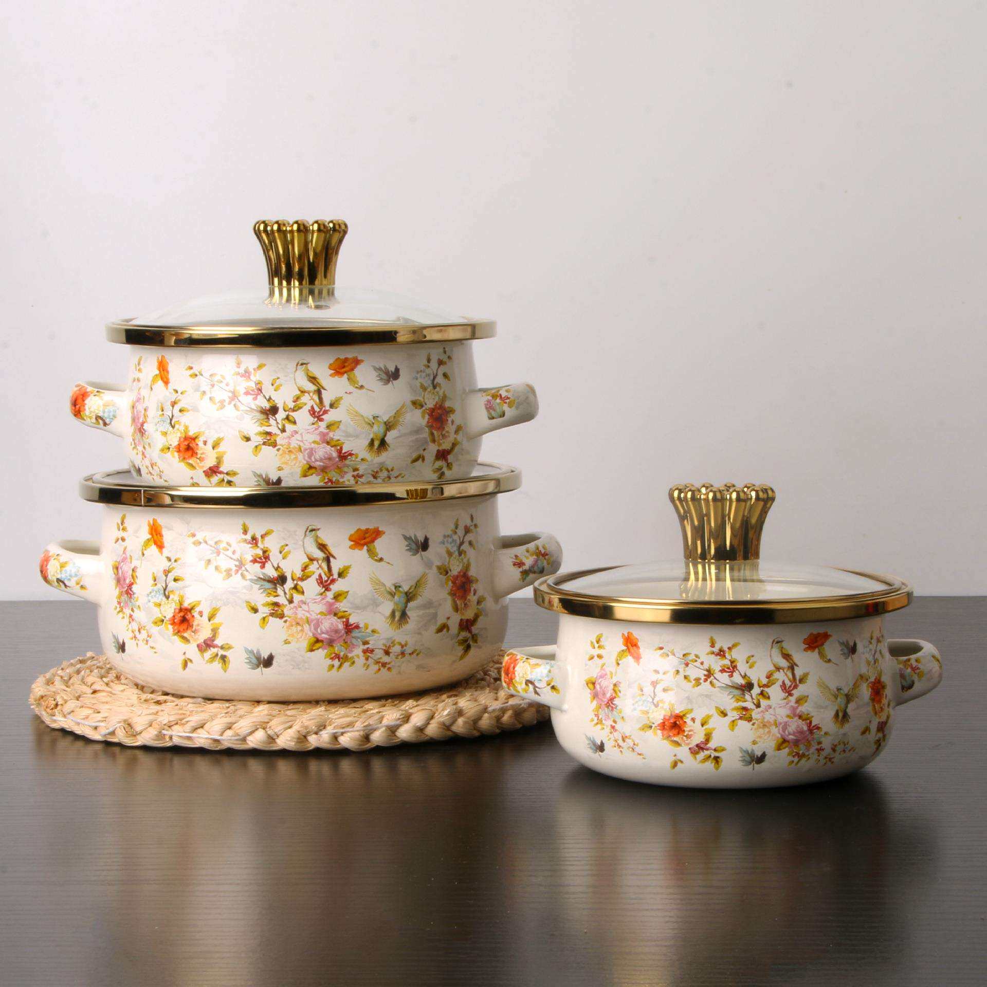 外贸跨境搪瓷锅食品级加厚汤锅高颜值三件套奶油风家用小火锅宝宝