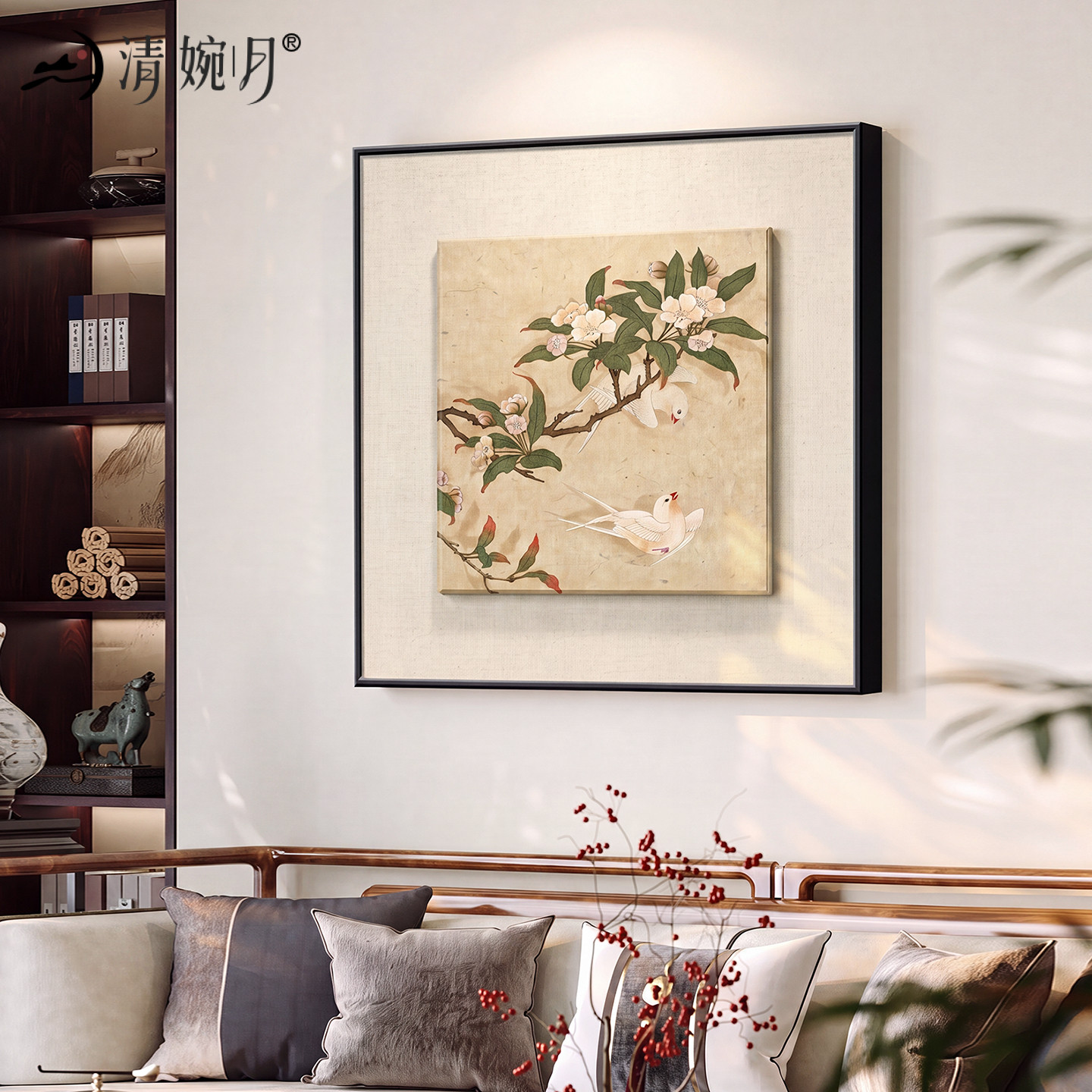 桃花双燕图新中式2026客厅装饰画沙发背景墙挂画国风方形禅意壁画