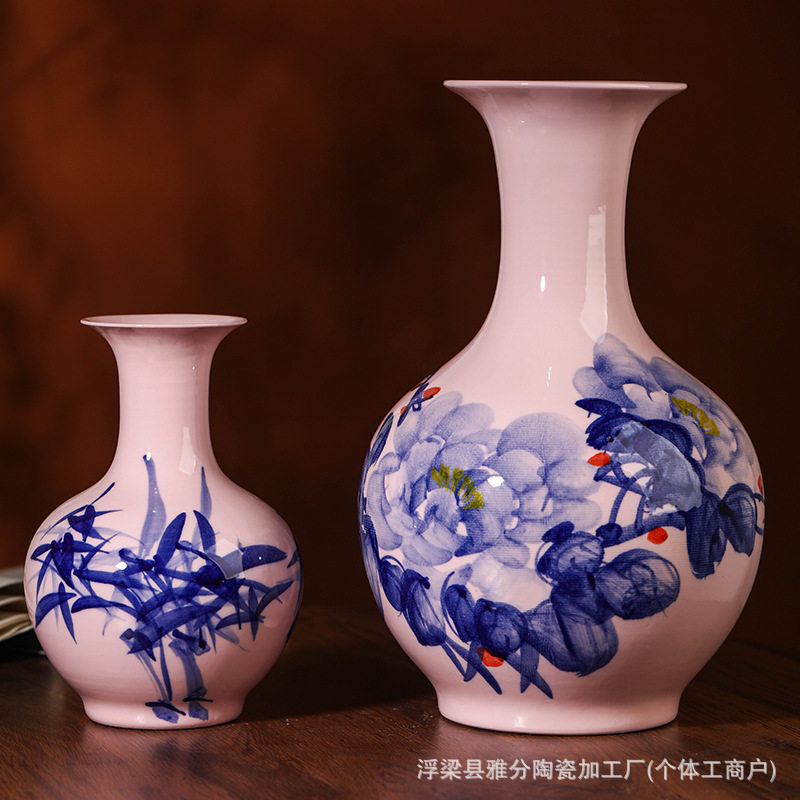 陶瓷花瓶摆件手绘荷花批发大号石榴瓶创意时尚陶瓷插花摆设装饰品