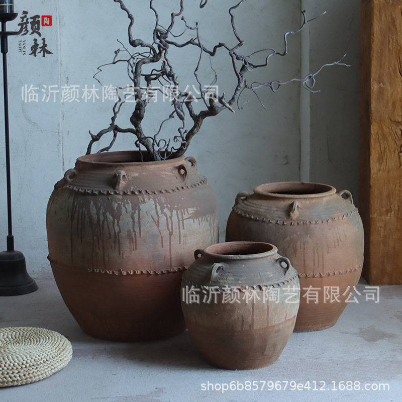 土陶罐大肚带耳仿古罐荷罐落地花盆粗陶花器民宿样板间装饰摆件