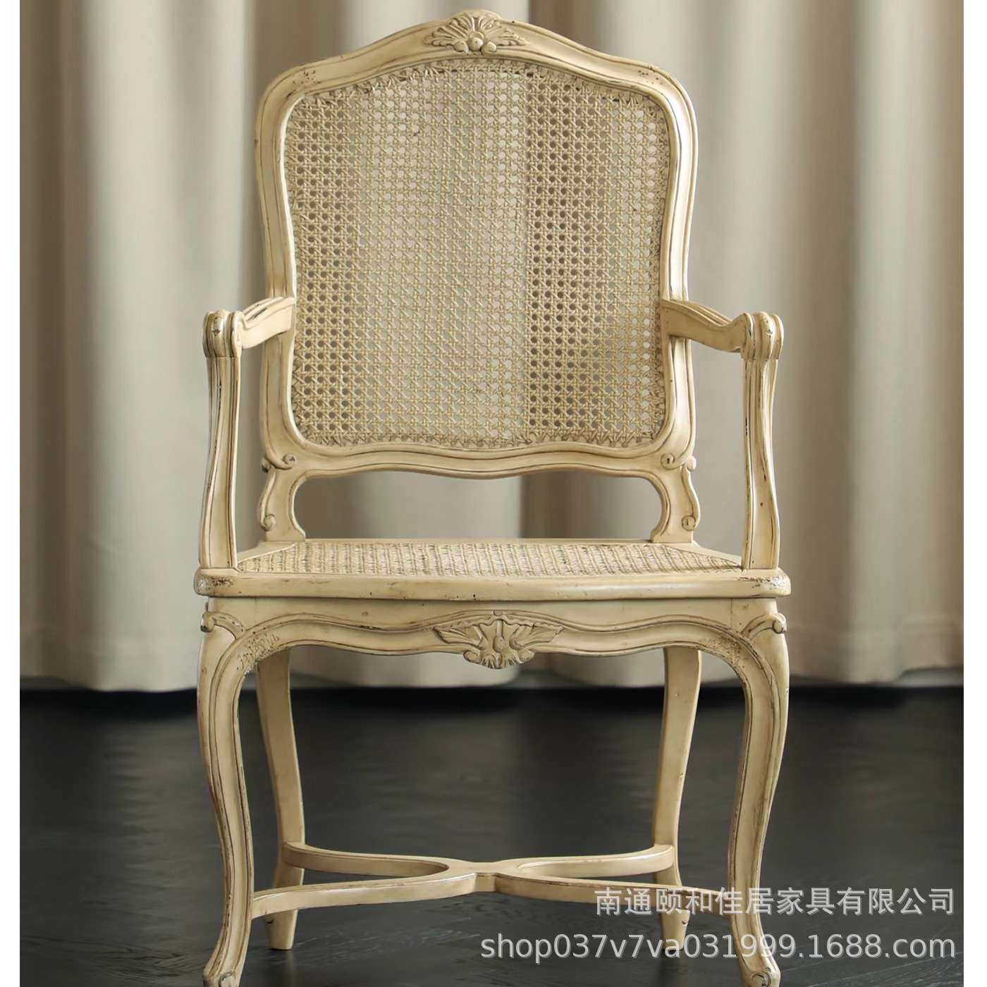 法式中古风实木雕花椅复古藤编做旧餐椅高级影楼艺术休闲扶手椅