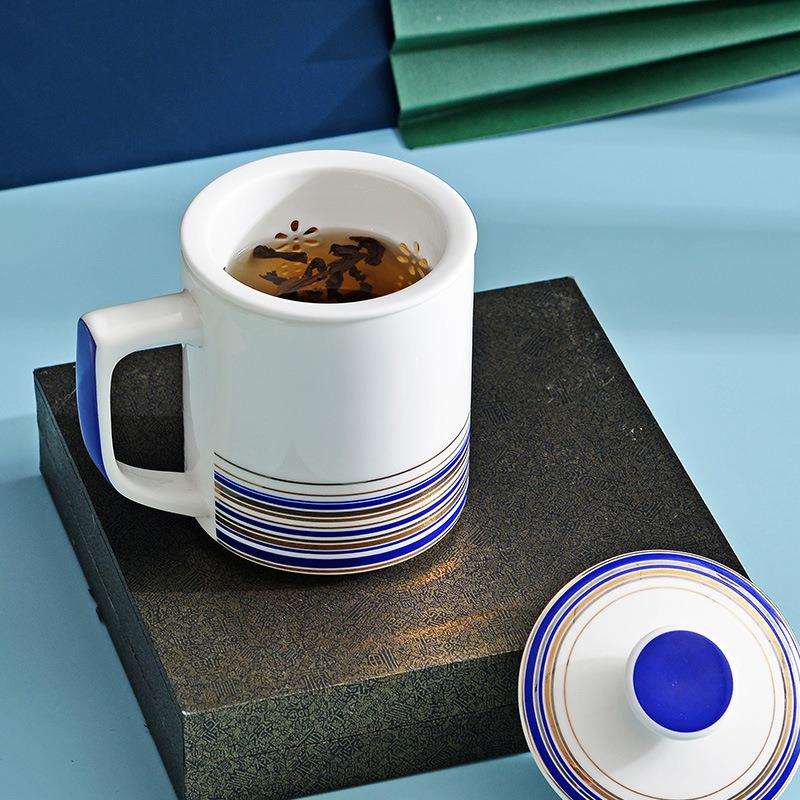 家用办公茶漏杯茶水分离骨瓷杯带茶滤带盖带把陶瓷茶漏杯送礼唐山图片