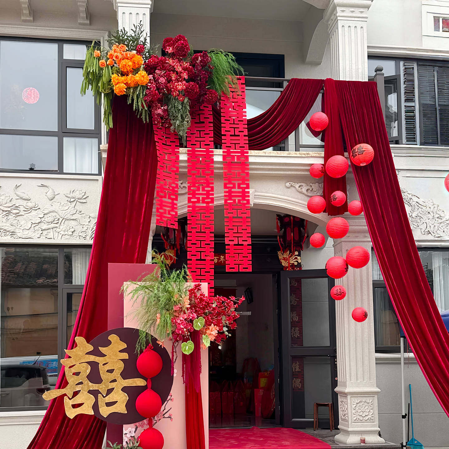 婚礼农村院子布置纱幔结婚装饰户外条幅拉花套装喜庆庭院大门挂饰
