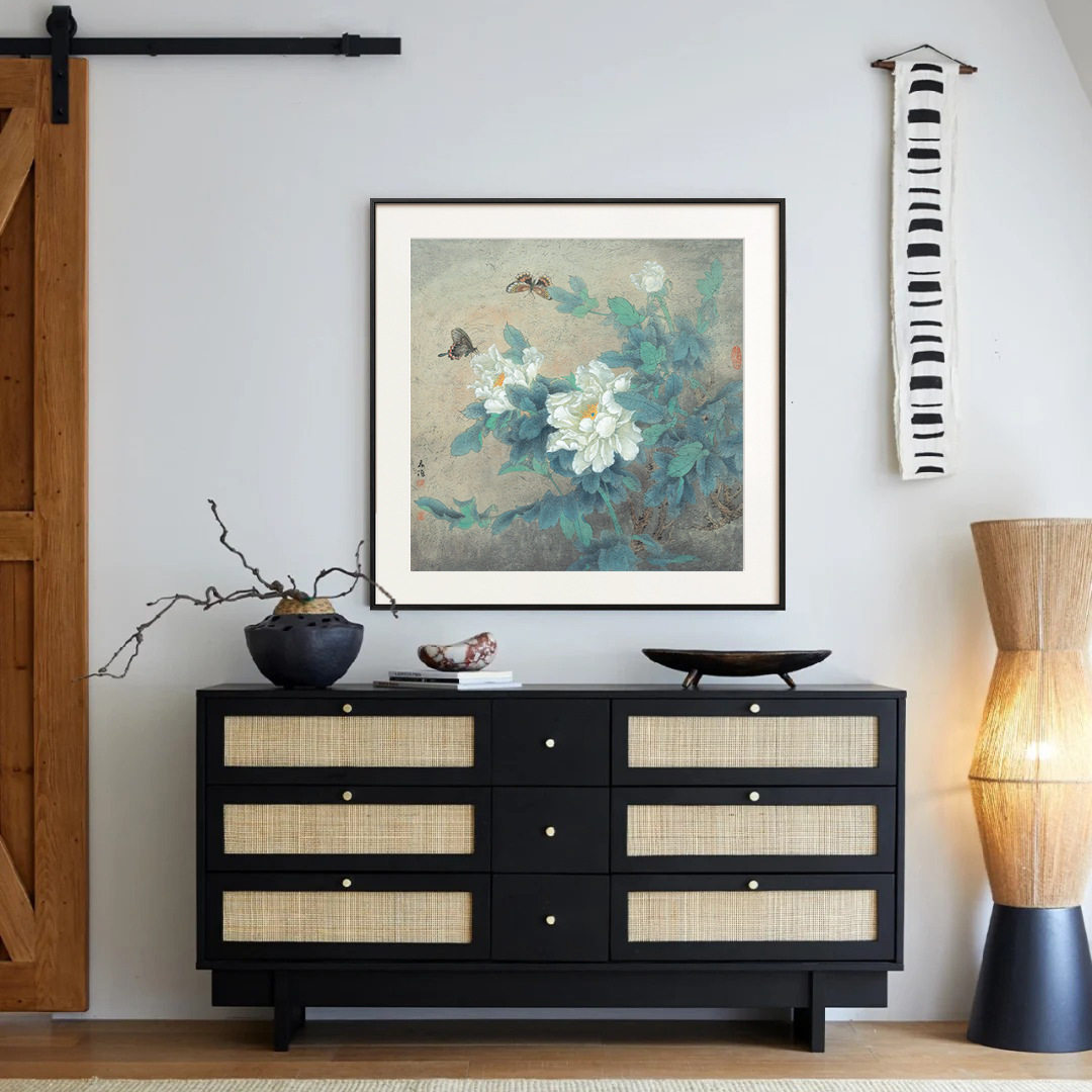 新中式牡丹花装饰画中古风玄关沙发背景壁画书房卧室床头花卉挂画