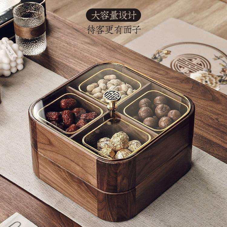新中式实木双层果盒果盘家用客厅坚果盘新年结婚干果收纳盒糖果盒