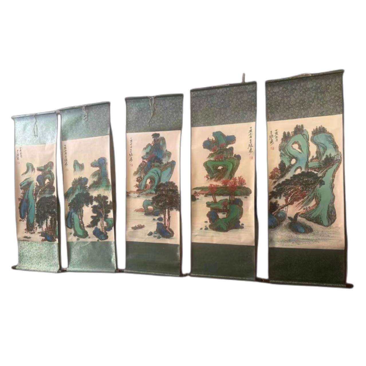 厂家直销张大千字画福禄寿财喜山水字画图5副锦盒装送礼佳品