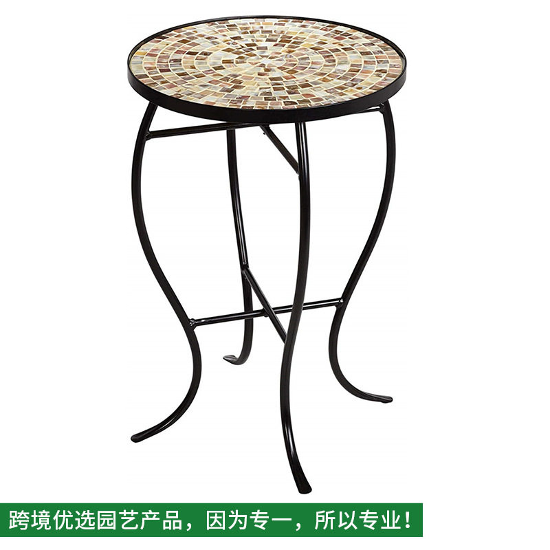 北欧经典小方格子浅咖色圆形马赛克铁艺花架室内外阳台花园小桌子