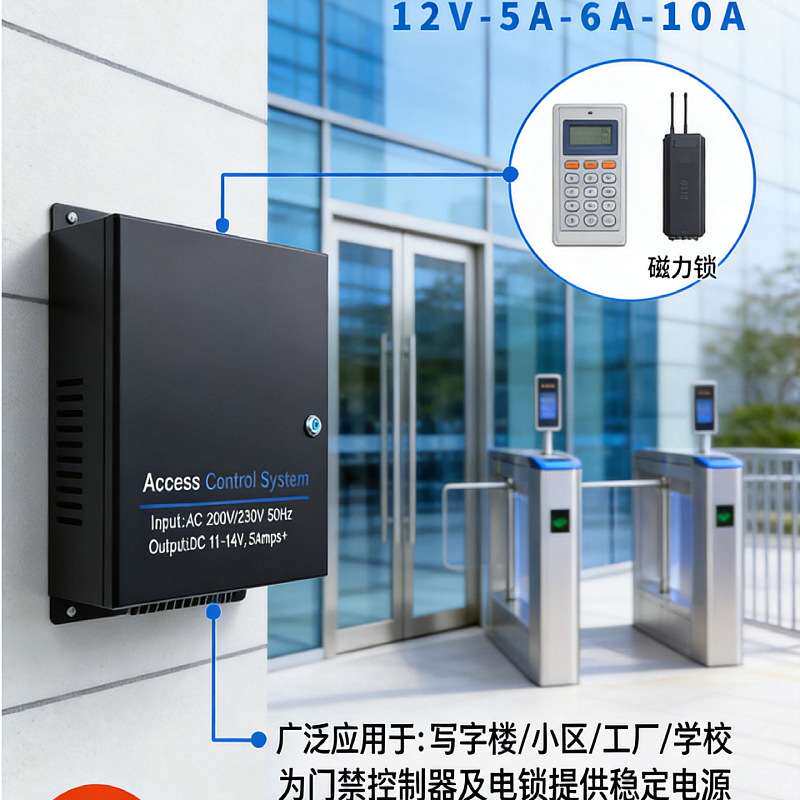 12V5A门禁电源控制箱 金属带锁机箱 电插锁 门禁延时开锁供电电源