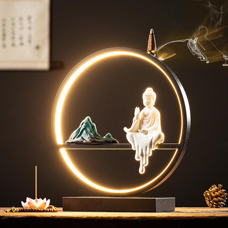 禅意新中式倒流香创意灯圈陶瓷小达摩水滴三圣摆件靓丽家居装饰品