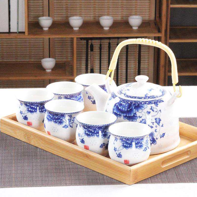 大号提梁壶茶具套装中老式陶瓷家用青花瓷泡茶壶茶杯托盘整套
