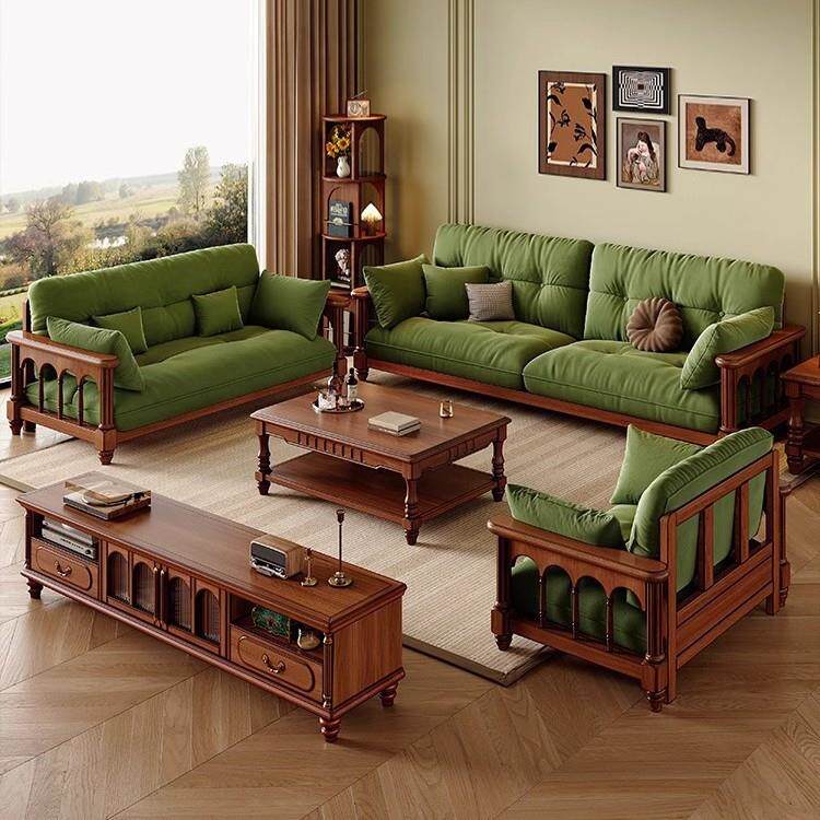 美式复古实木布艺沙发客厅家用桃花心木棉麻布小户型转角贵妃榻