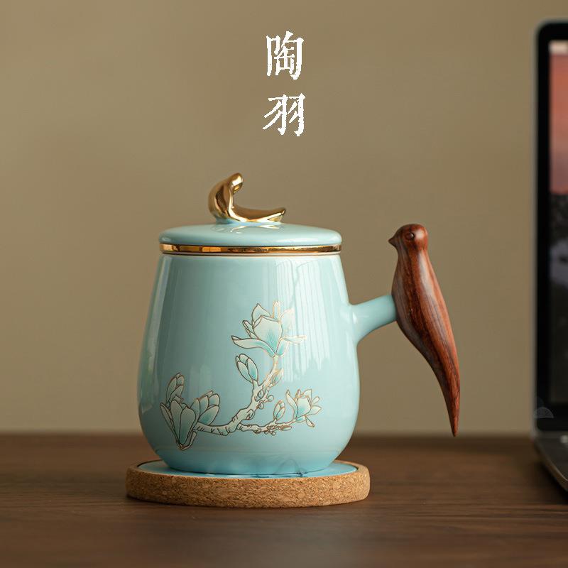 玉兰办公杯茶杯个人专用办公室陶瓷茶水分离泡茶杯大容量喝茶杯
