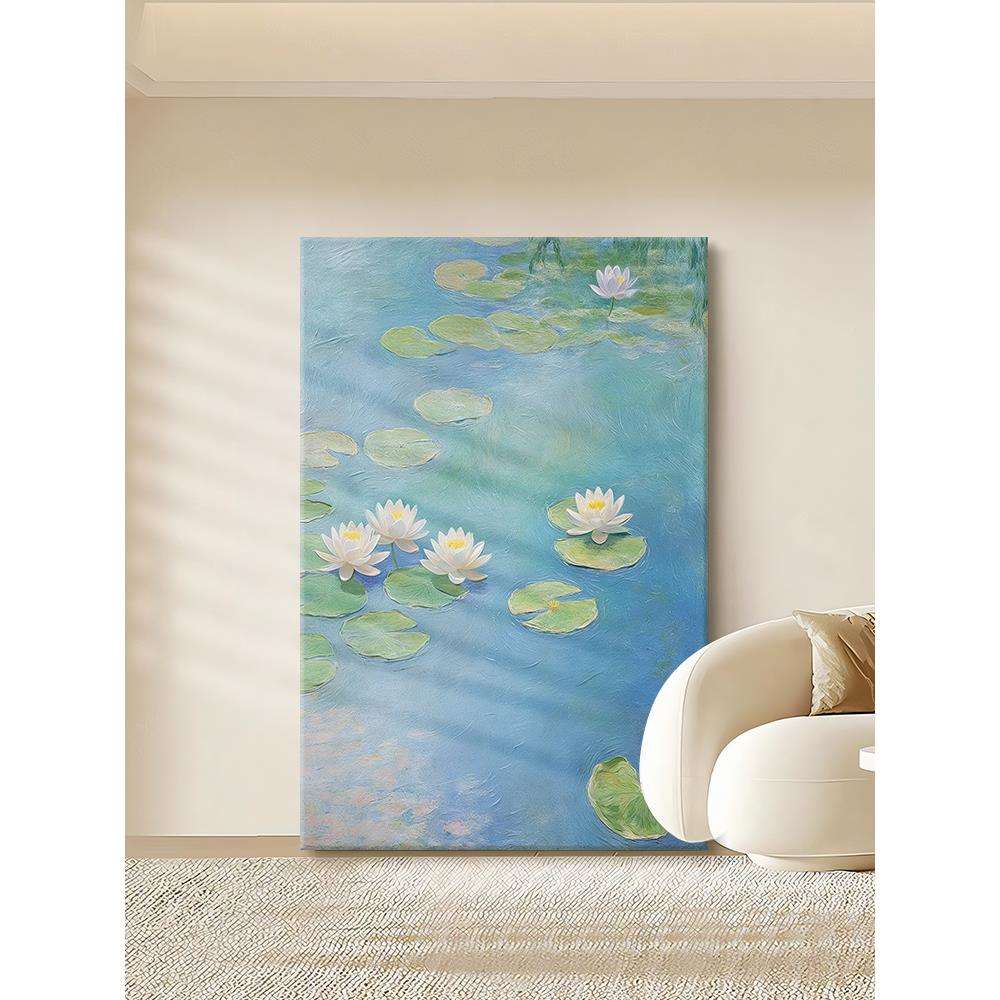 莫奈睡莲手绘油画玄关抽象绿色荷花装饰壁画客厅餐桌法式复古挂画