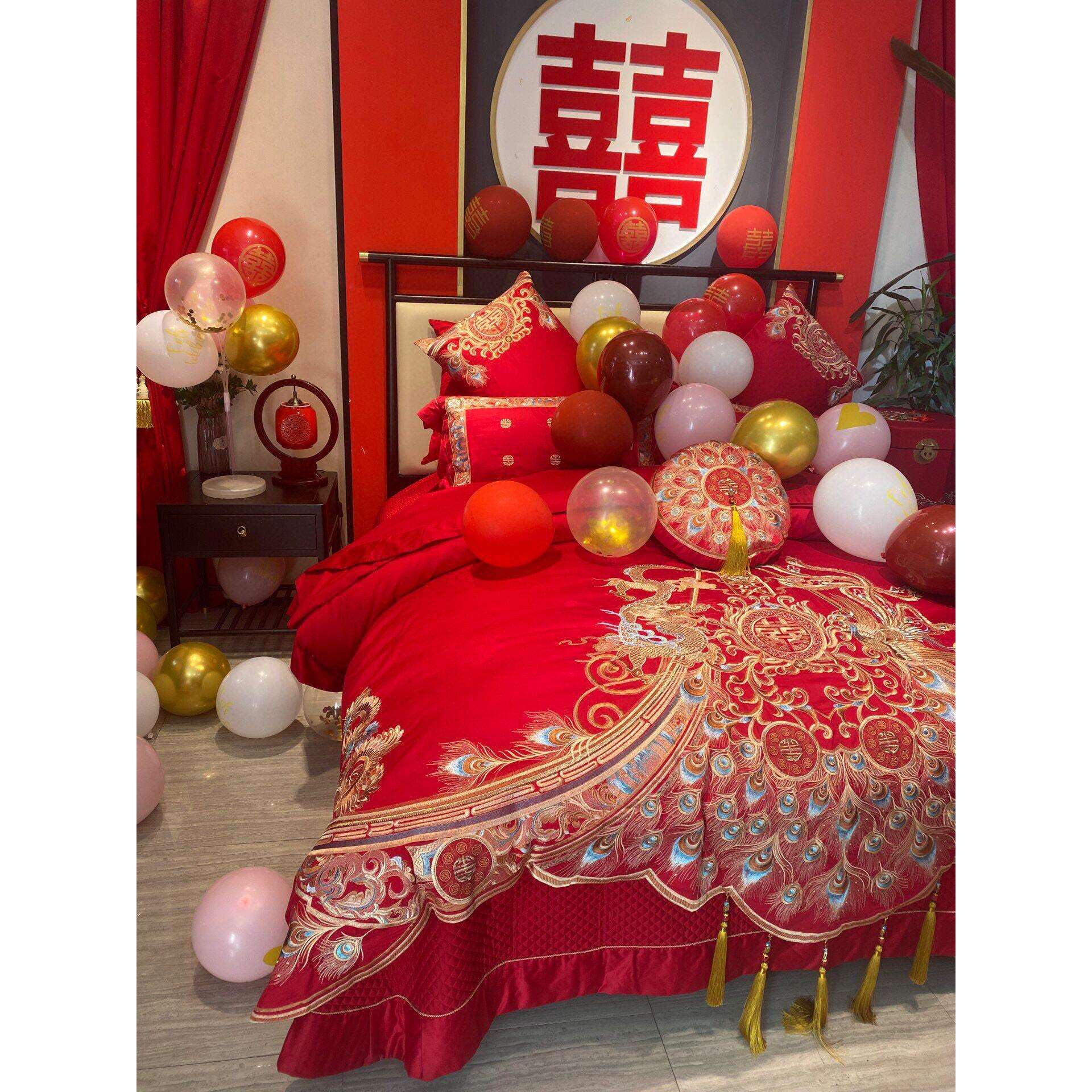 婚庆四件套大红色床单全棉龙凤绣花喜被套贡缎婚房提花结婚床上用