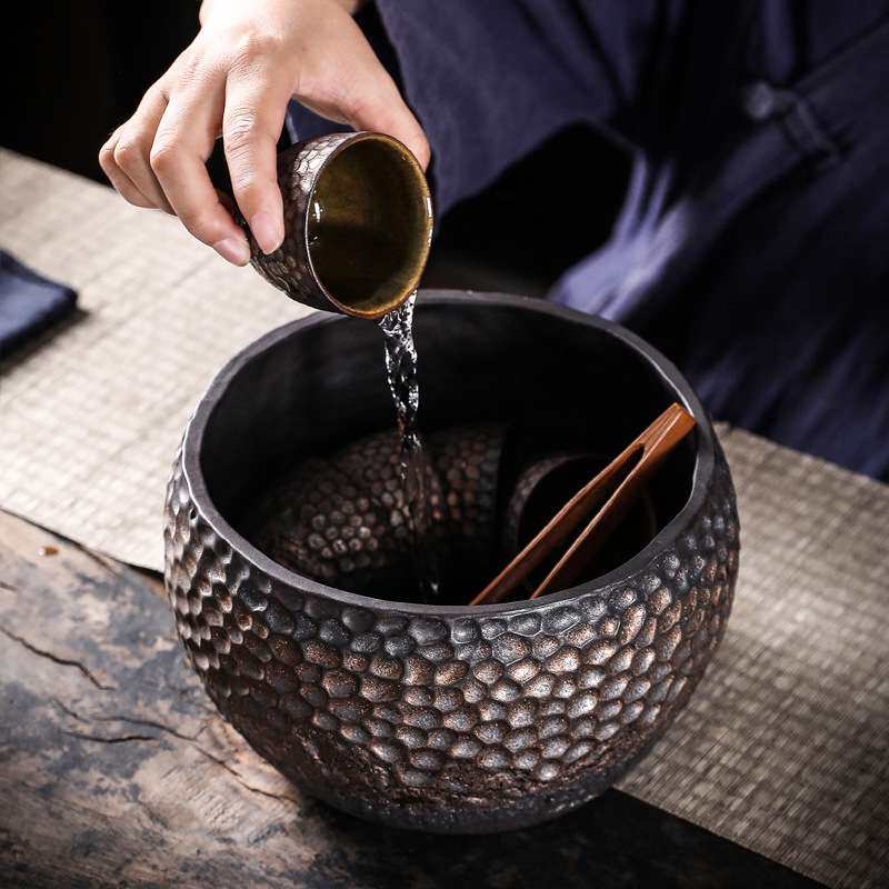 特大号日式粗陶锤纹茶洗手工复古鎏金杯洗水盂陶瓷茶渣桶茶道配件