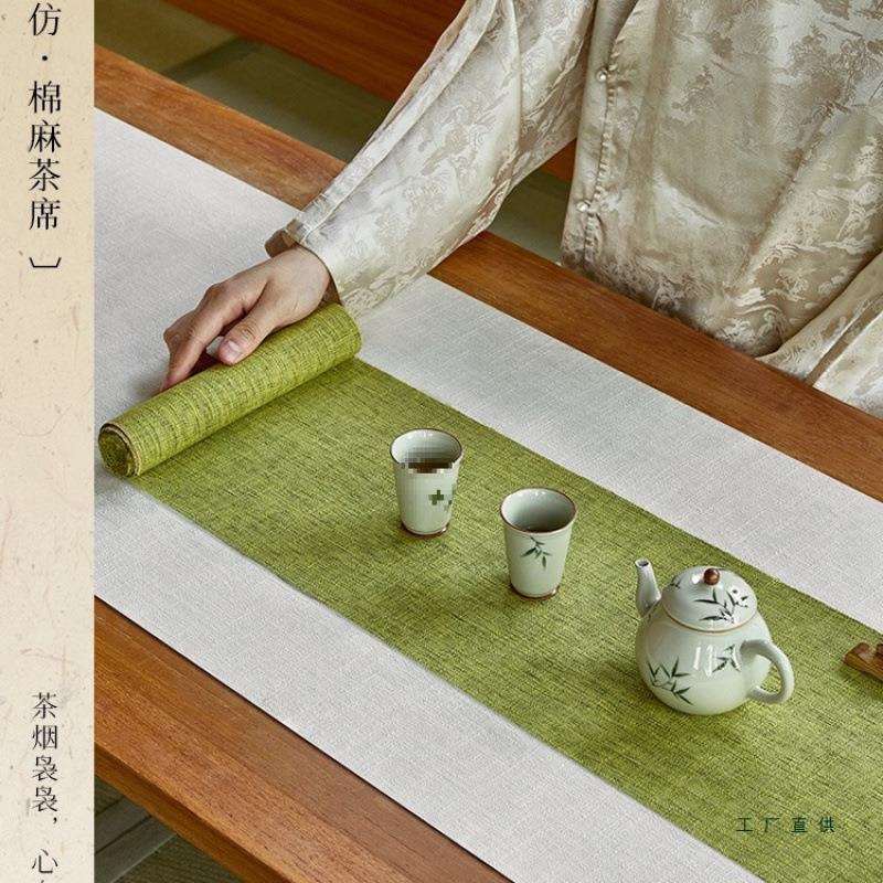 新中式禅意双层茶席中国风绿色棉麻桌旗茶桌垫布防水茶垫长条桌布