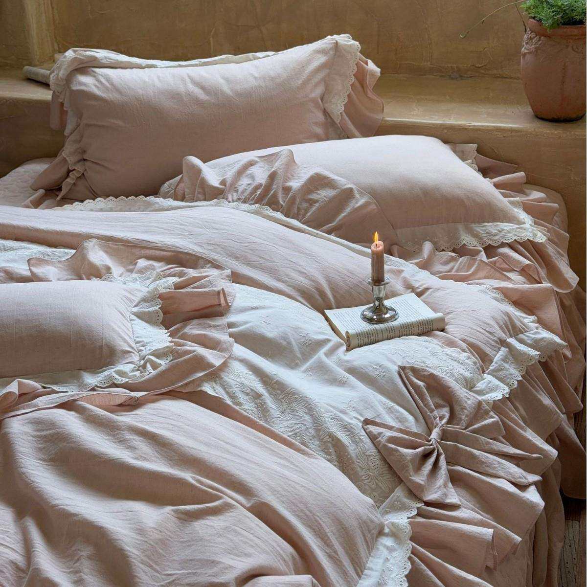 法式公主风竹节棉麻蕾丝花边被套全棉床盖款四件套加厚床单粉色