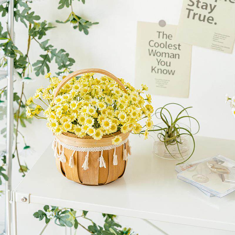 小雏菊竹编花篮插花成品盆栽仿真花假花客厅摆件装饰花人造花绢花