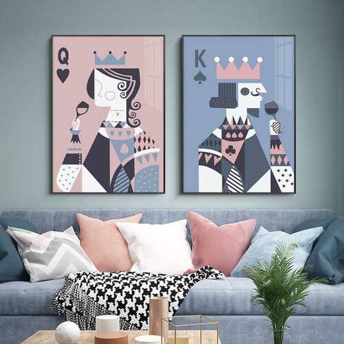 国王皇后北欧风格餐厅装饰画扑克牌创意挂画卧室床头壁画样板房画