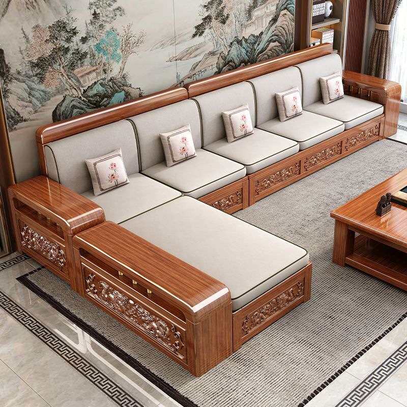 金丝胡桃木实木沙发组合中式家用客厅小户型冬夏两用雕花储物家具
