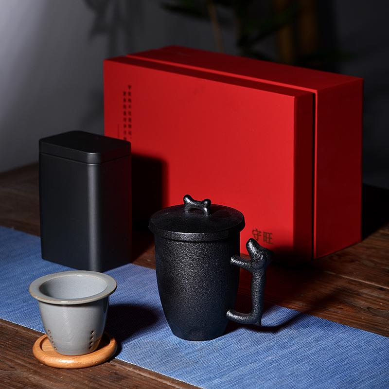 陶瓷带盖过滤四件套泡茶杯办公杯简约喝茶杯茶水分离杯守旺办公杯