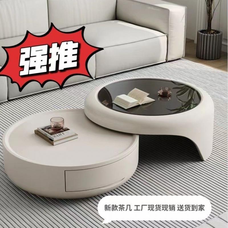 茶几家用客厅玻璃小户型轻奢现代简约意式奶油网红圆形电视柜组合