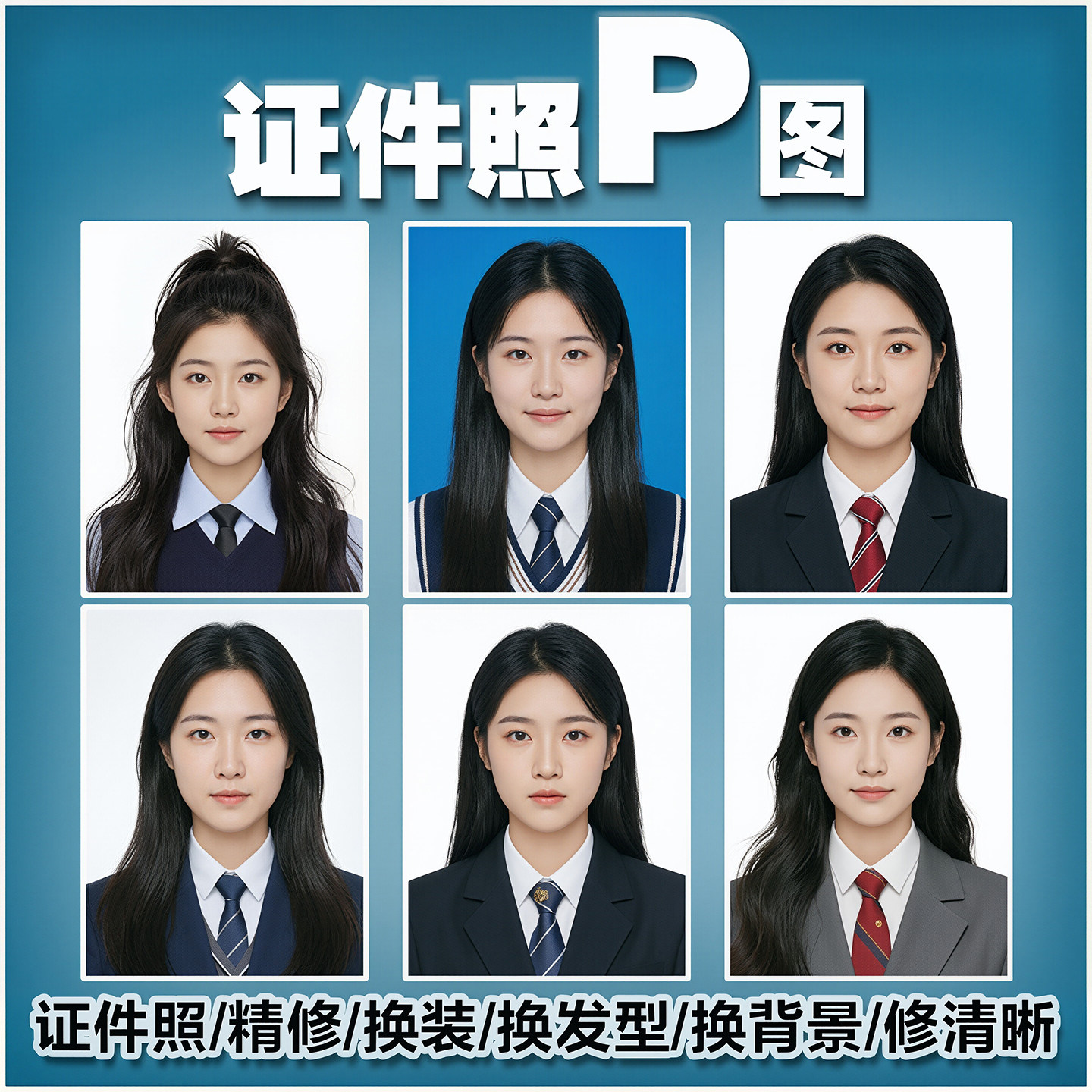 P图改底色尺寸证件照PS精修处理换衣服发型P图照片形象照晒相