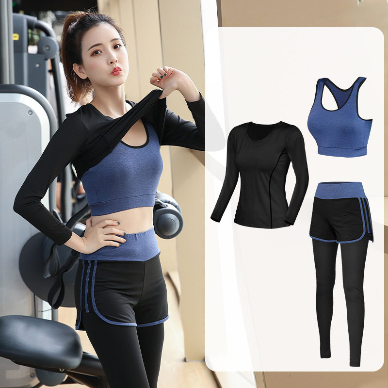 春秋季健身房瑜伽服运动套装女健身服长袖三件套跑步速干衣晨跑