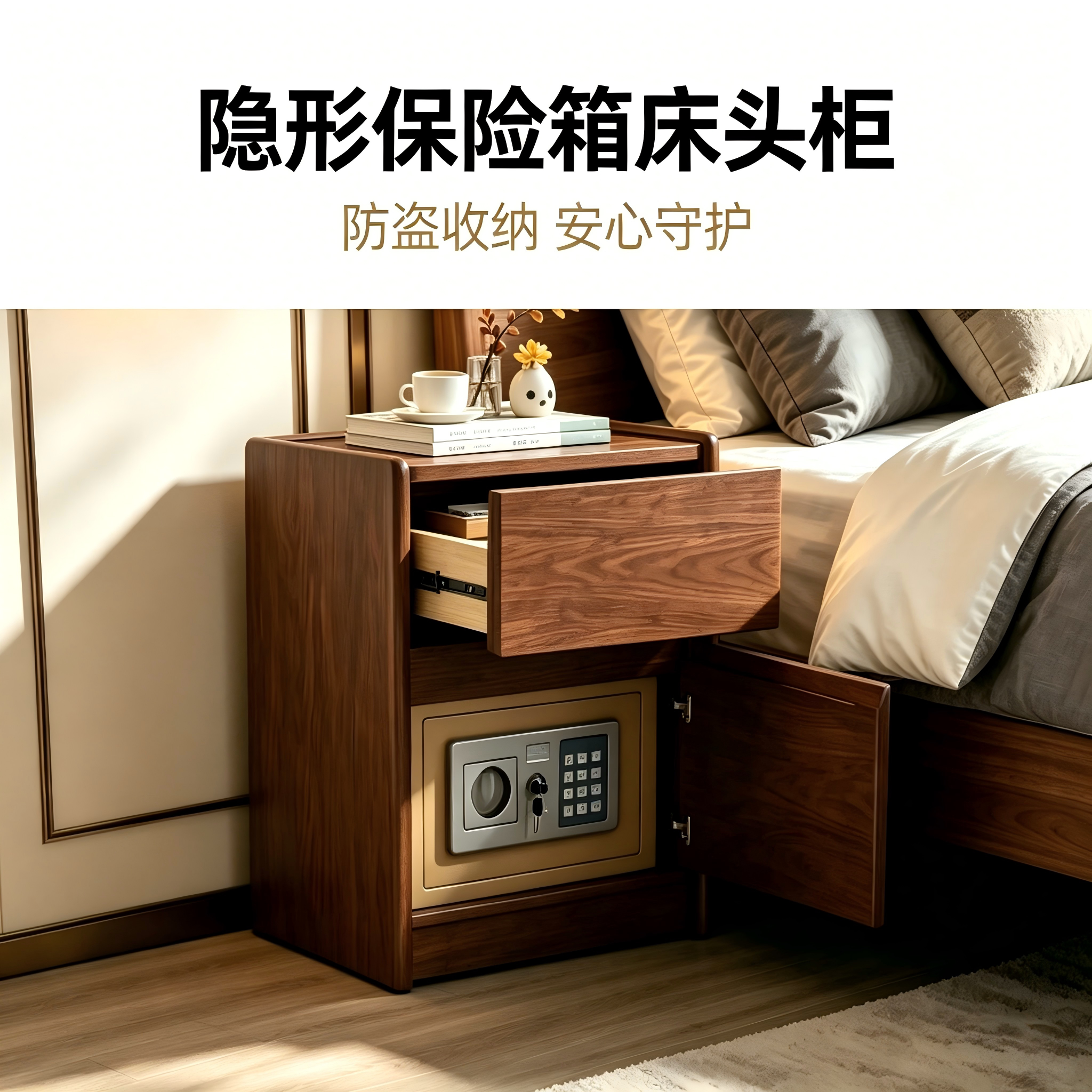 新中式实木床头柜保险柜家用隐形防盗指纹密码卧室收纳保管保险箱