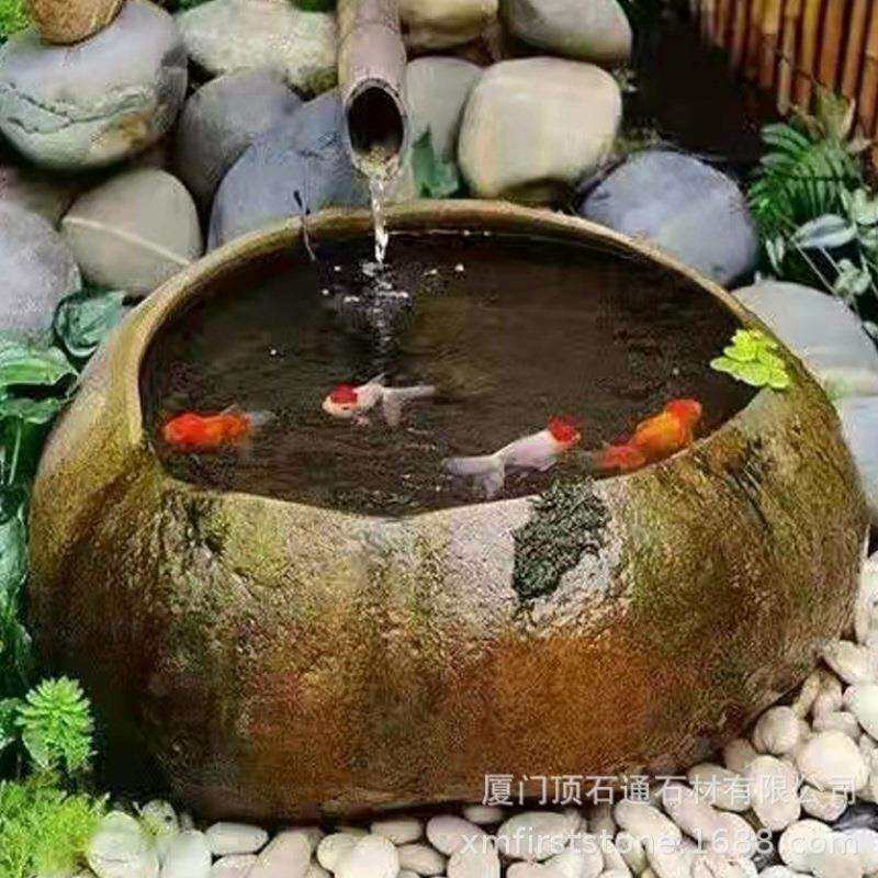 户外庭院天然石槽水盆鱼池缸原石花盆流水钵日式水钵仿旧水槽石盆