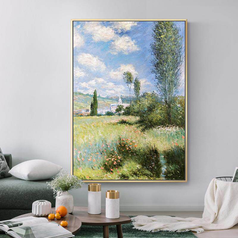 手绘油画玄关装饰画莫奈风景挂画新印象派名家画竖版大幅过道壁画