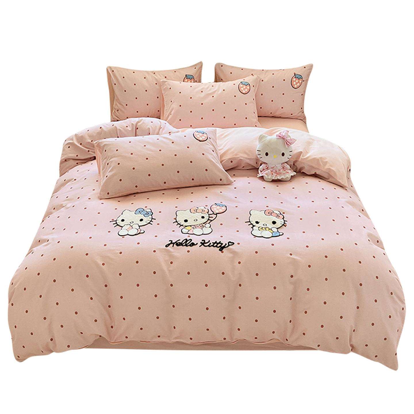 hellokitty纯棉磨毛毛巾绣床上四件套全棉被套女孩宿舍床单三件套