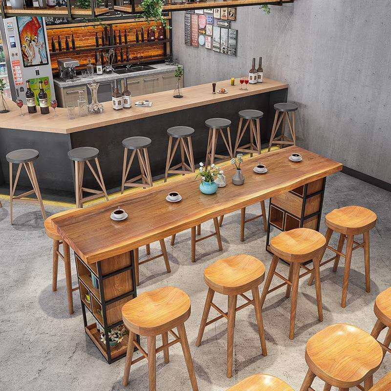 整板实木吧台桌简约奶茶店高脚桌自然边餐厅咖啡厅休闲铁艺长条桌