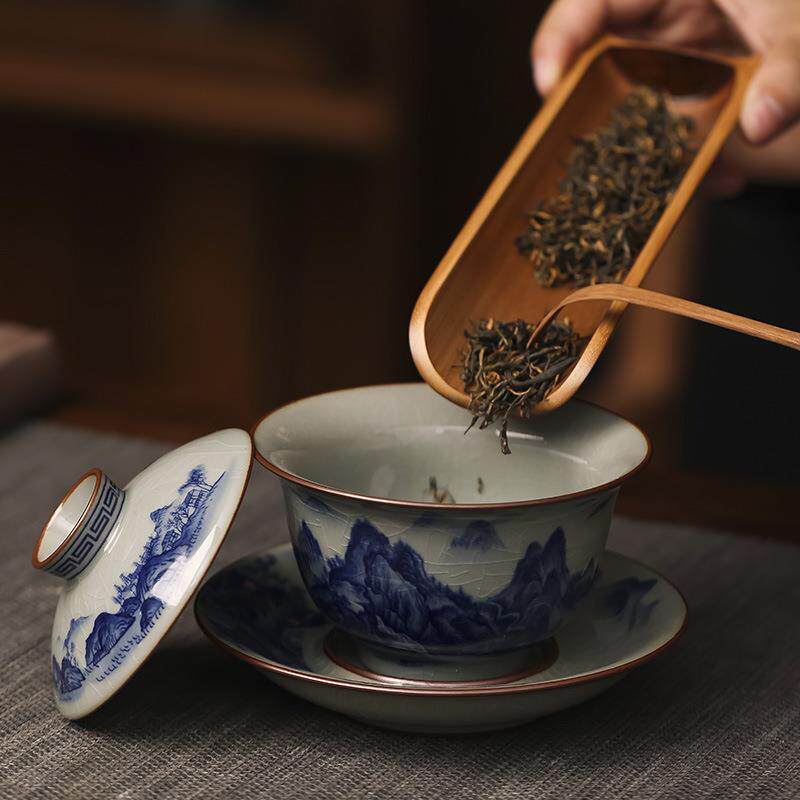 景德镇手绘山水千里江山陶瓷盖碗套装手工三才茶碗茶杯子单个防烫