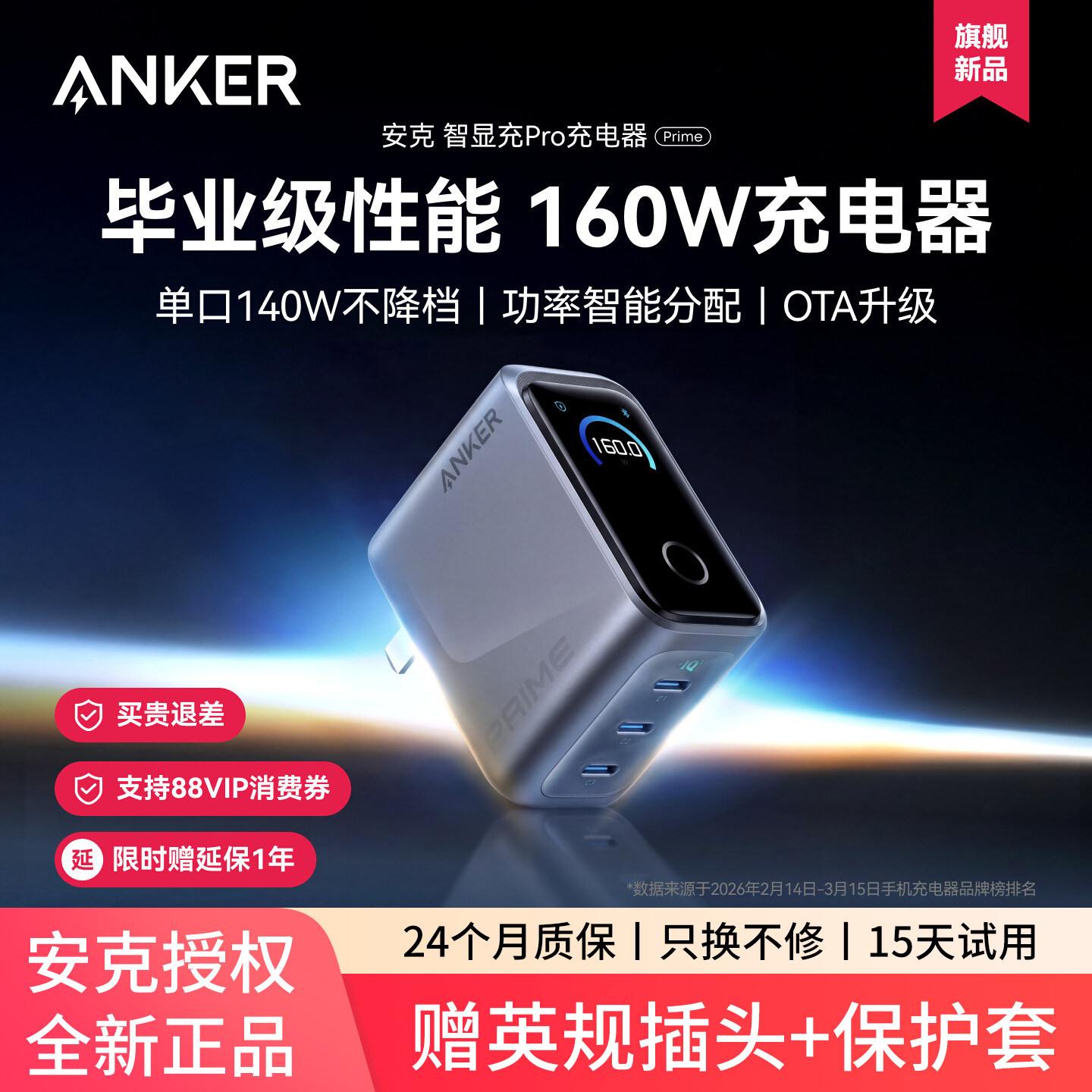 【旗舰新品】Anker Prime安克160W智显充Pro氮化镓充电器多口快充适用苹果17小米华为手机macbook笔记本电脑